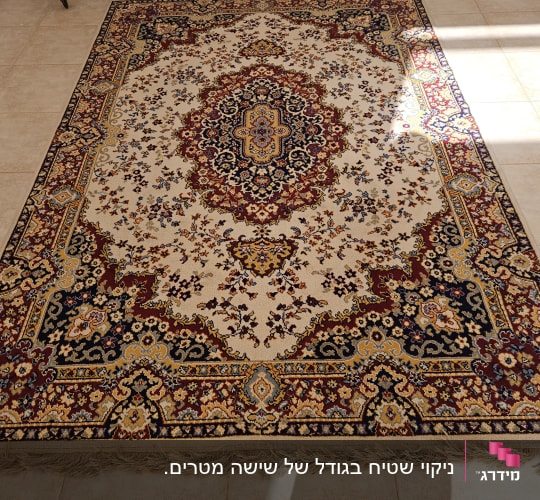 שטיח מעוצב על רצפת אריחים מוארת באור שמש